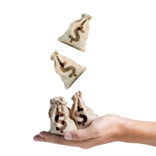 Isolate of US dollar bag drop ti hand which holding US dollar bag. Saving and investment concept.