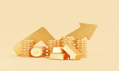 Gold growing arrow with gold coin money stacks and gold bar business and finance savings investment concept background 3D illustration